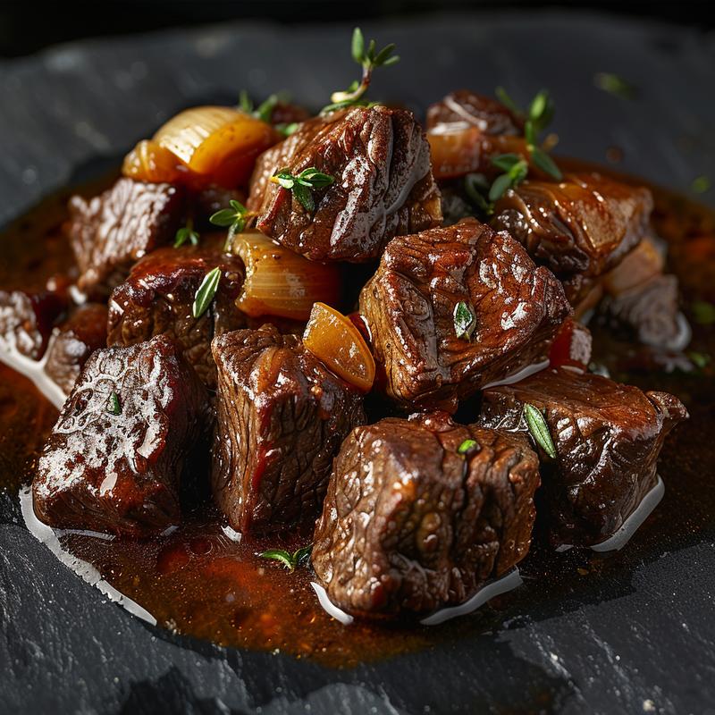 Close-up of beef bourguignon featuring beef cubes, onions, and garlic on a dark stone.