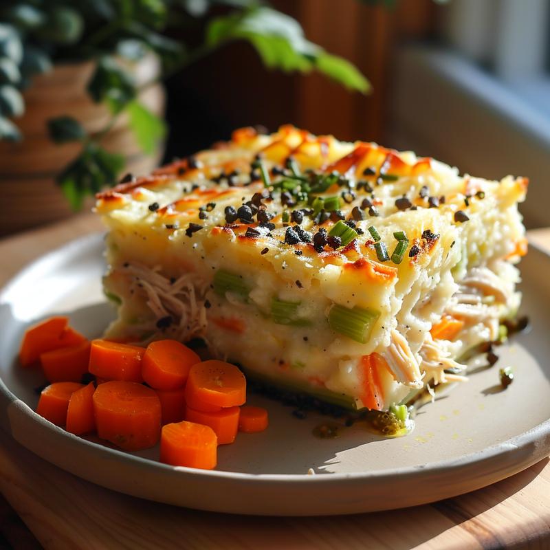Close-up of a slice of shepherd's pie featuring rotisserie chicken.