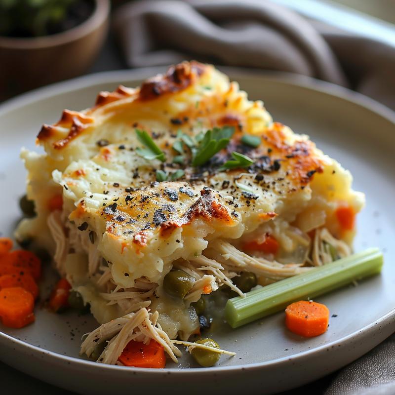 Close-up of a slice of chicken shepherd's pie with visible chicken and vegetables.
