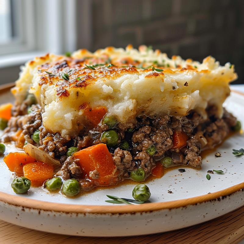 Close-up of a slice of cream cheese shepherd's pie on a light wood board.