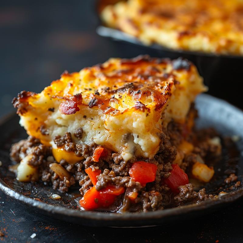 Close-up of a slice of shepherd's pie with visible ground beef and bacon.