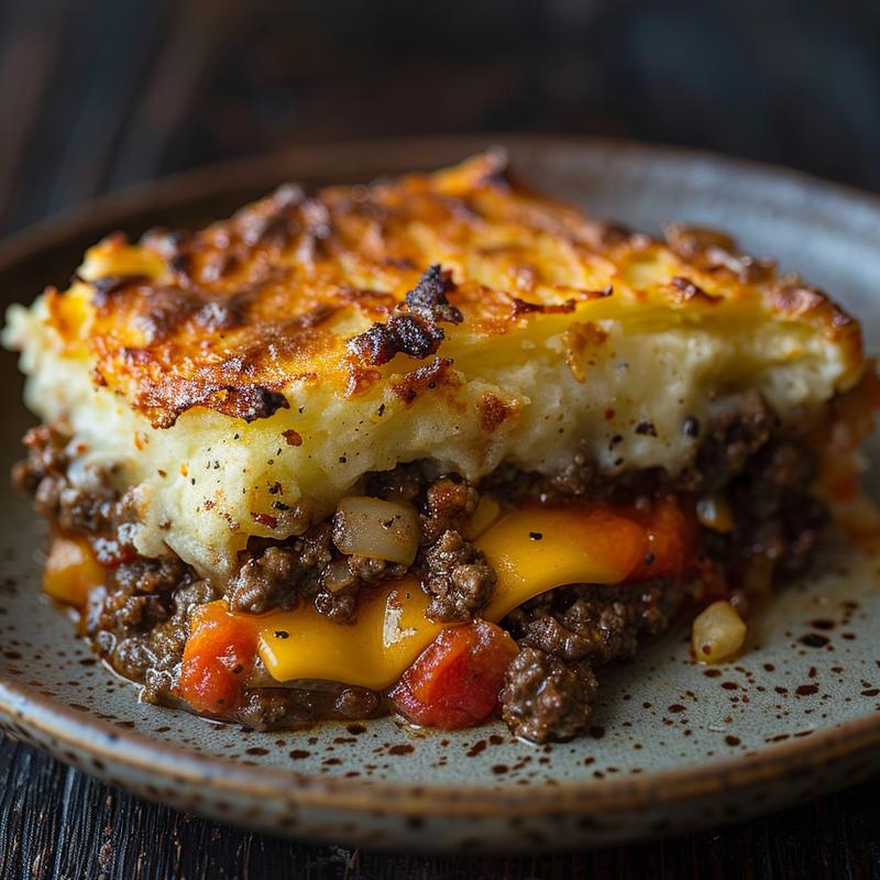 Close-up of a slice of shepherd's pie with visible ground beef and bacon.