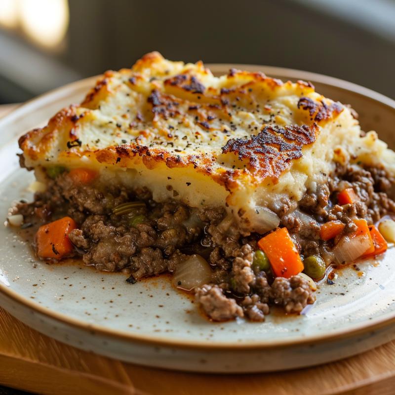 Close-up of shepherd's pie slice showing meat, vegetables, and mashed potato topping.