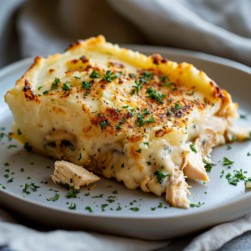 Close-up of a slice of chicken shepherd's pie on a plate.