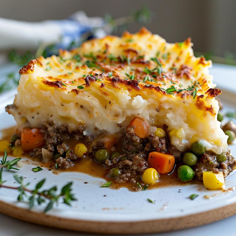 Close-up of sliced shepherd's pie with visible meat, vegetables, and mashed potato topping on a white plate.