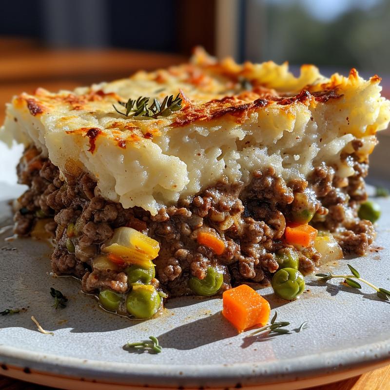 Close-up of shepherd's pie slice on a light grey plate.