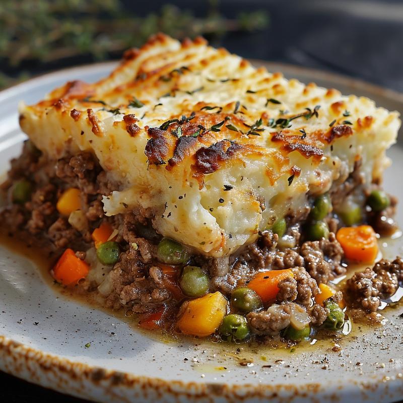 Close-up of a slice of shepherd's pie on a light grey plate.