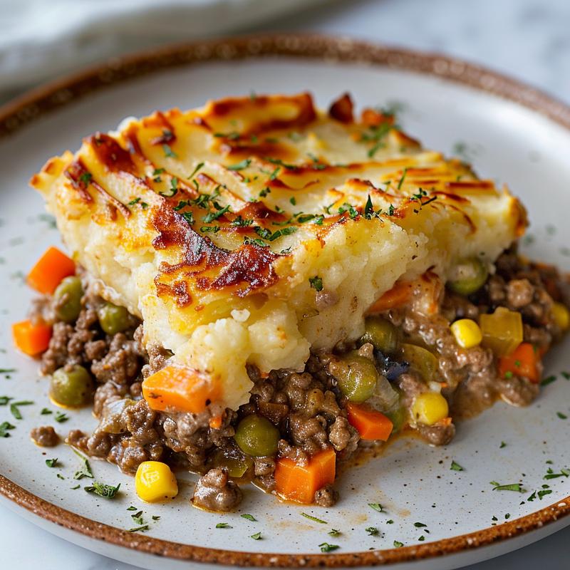 Close-up of shepherd's pie slice on white plate.