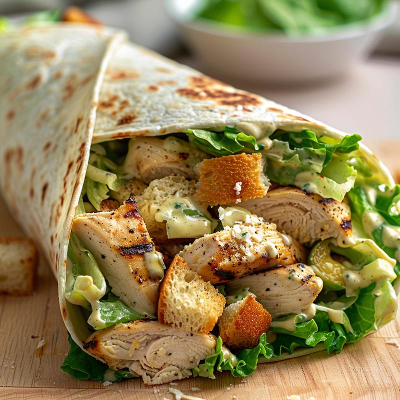 Close-up of a chicken Caesar wrap with visible ingredients.
