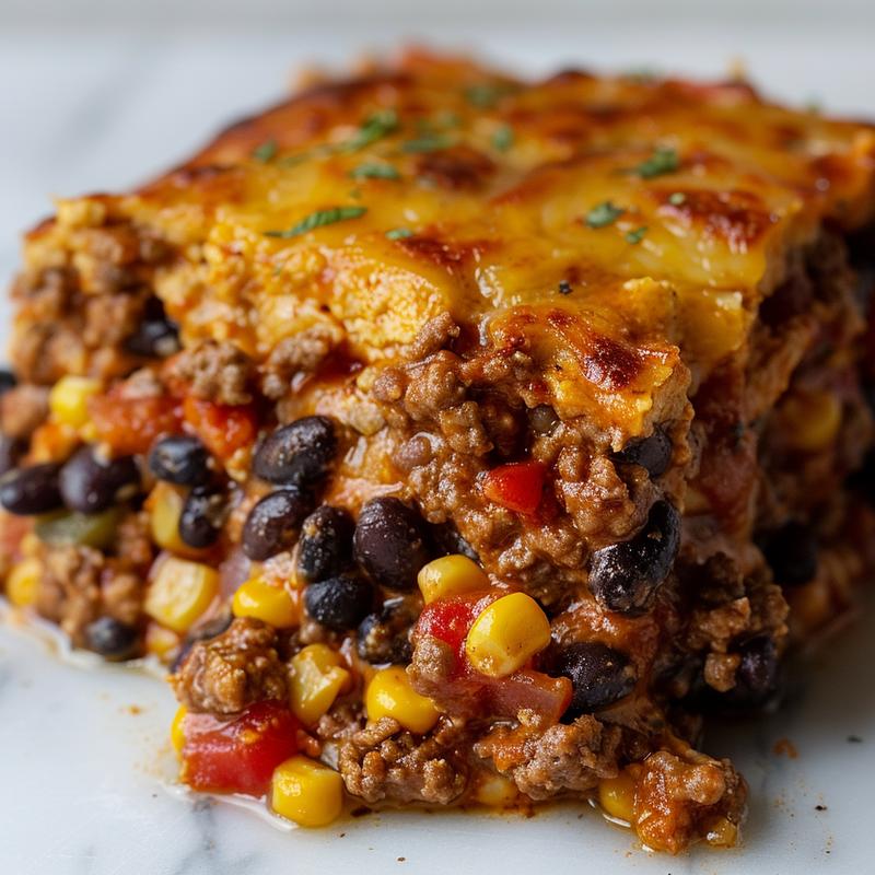 Close-up of gluten-free walking taco casserole showcasing ground beef, beans, corn, and tomatoes.