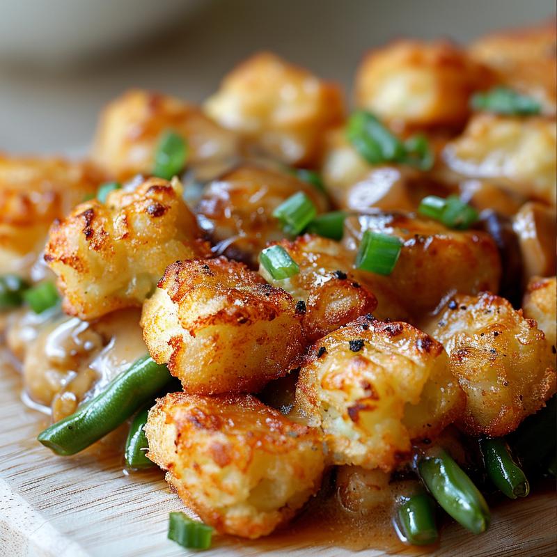 Close-up of green bean tater tot casserole on wood.