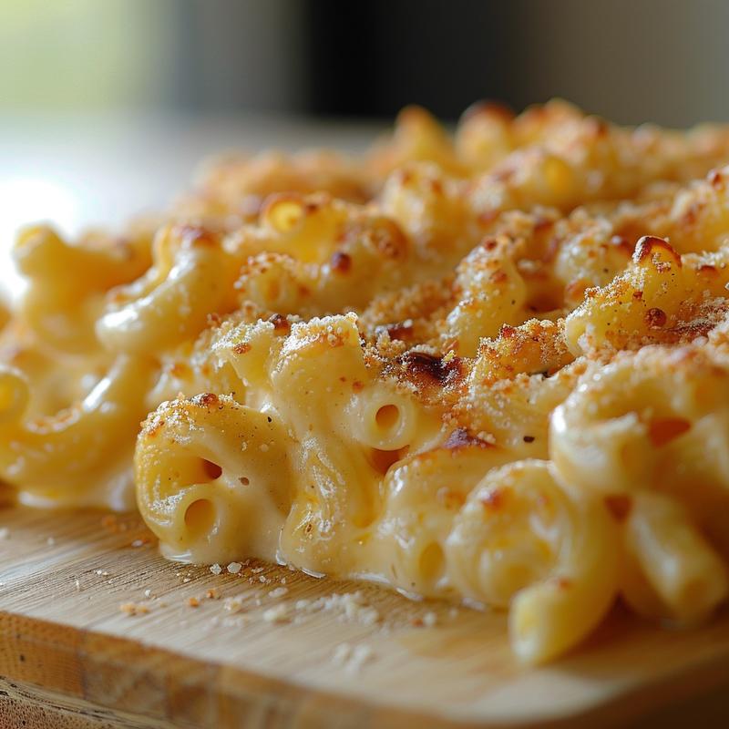 Close-up of cheesy macaroni, light wood background.