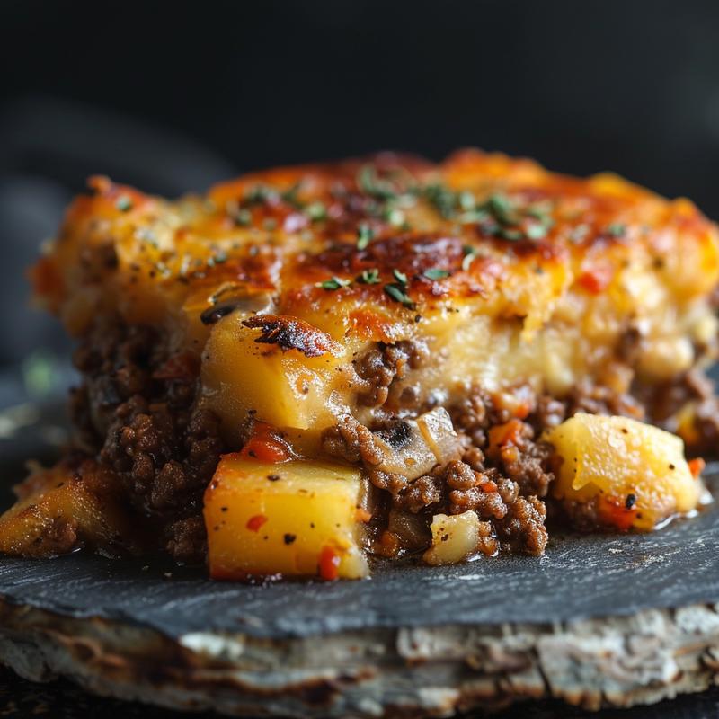 Close-up of gluten-free hamburger casserole on a slate plate.
