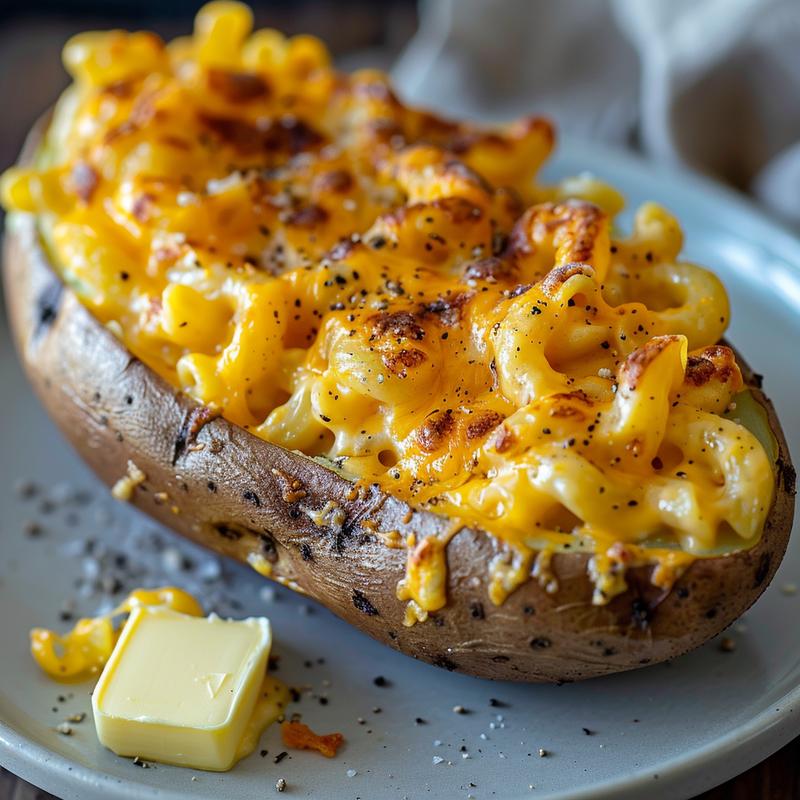 Macaroni and cheese stuffed baked potato on a gray plate.