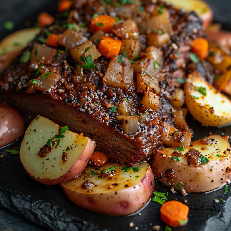 Close-up of Instant Pot corned beef with vegetables on a dark stone surface.