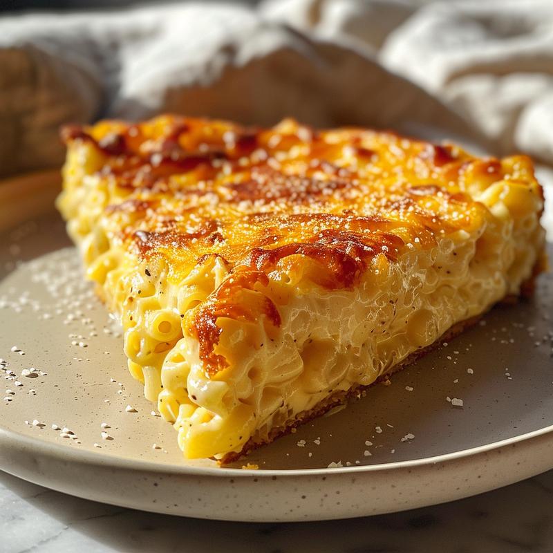 Close-up of a slice of mac and cheese cake on a light grey plate.