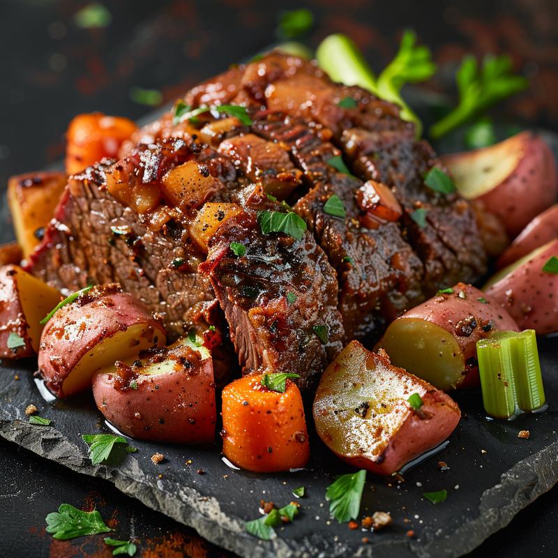 Close-up of corned beef dinner with visible beef, potatoes, carrots, and celery on a slate plate.