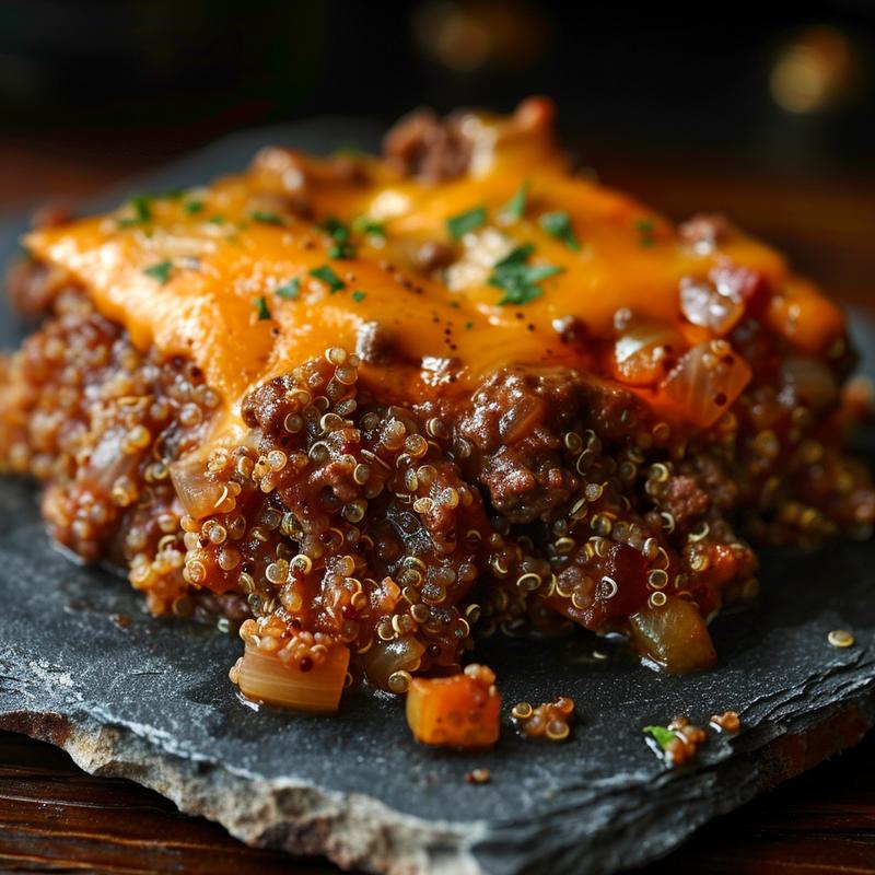 Close-up of cheesy beef and quinoa casserole with visible beef and quinoa.